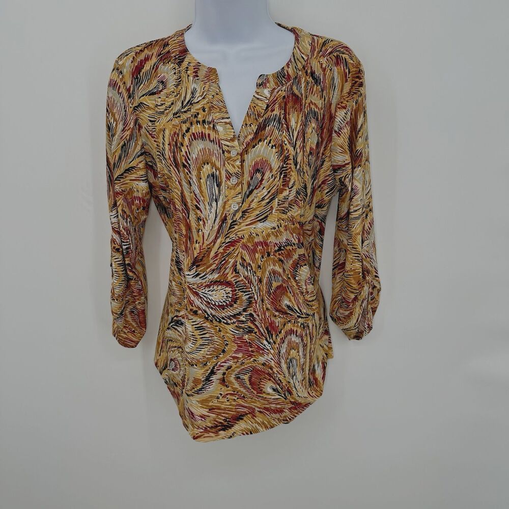 NY Collection Women's Roll Tab Sleeve Tunic Top Small V Neck pocket Floral Y2K